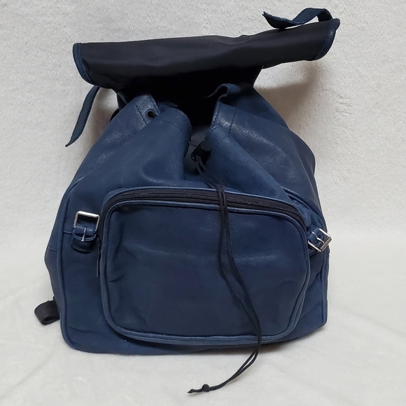 VINTAGE 70s Indigo Blue Textured Leather Large Backpack Overnight Weekend Bag - Picture 11 of 16